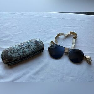 Vtg WWII Era Aviator Motorcycle Rockglas Glasses w Elastic Strap Case Rare